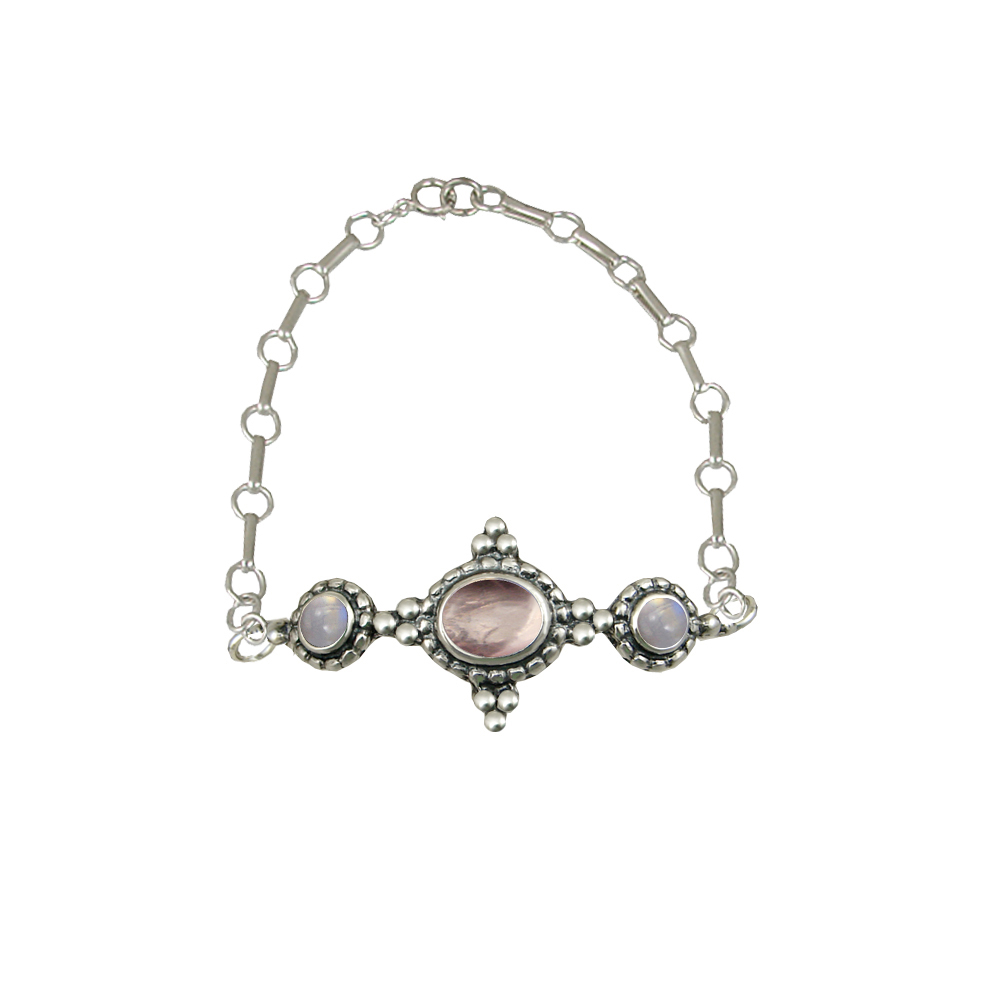 Sterling Silver Gemstone Adjustable Chain Bracelet With Rose Quartz And Rainbow Moonstone